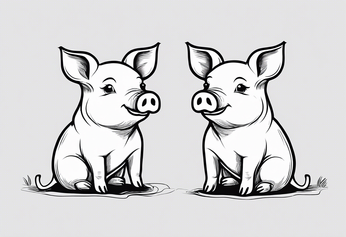 cute pig/piglet sitting on bum. big eyes, small/floppy ears. draw with very thin lines minimal shading, black and white only, with text "friends not food", white background tattoo idea