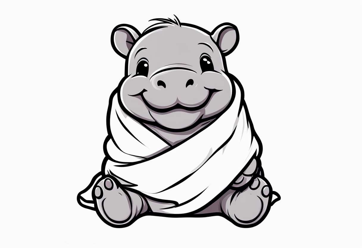 Baby hippopotamus sitting wrapped in a swaddle laughing tattoo idea