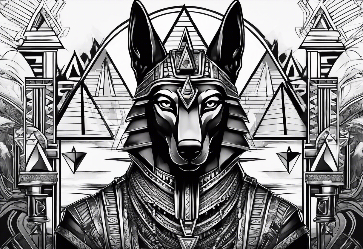 Strict Anubis portrait with pyramids on the background tattoo idea