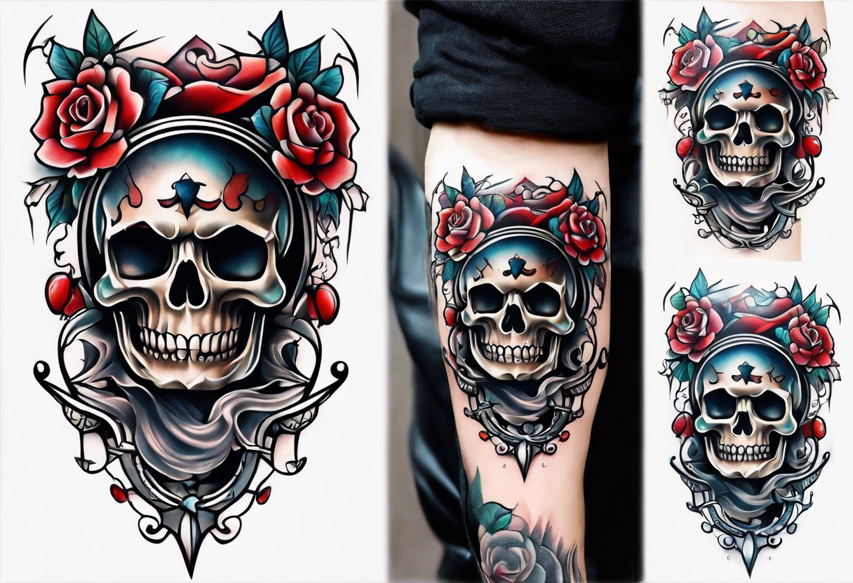 Traditional knee tattoo with skull and spider tattoo idea