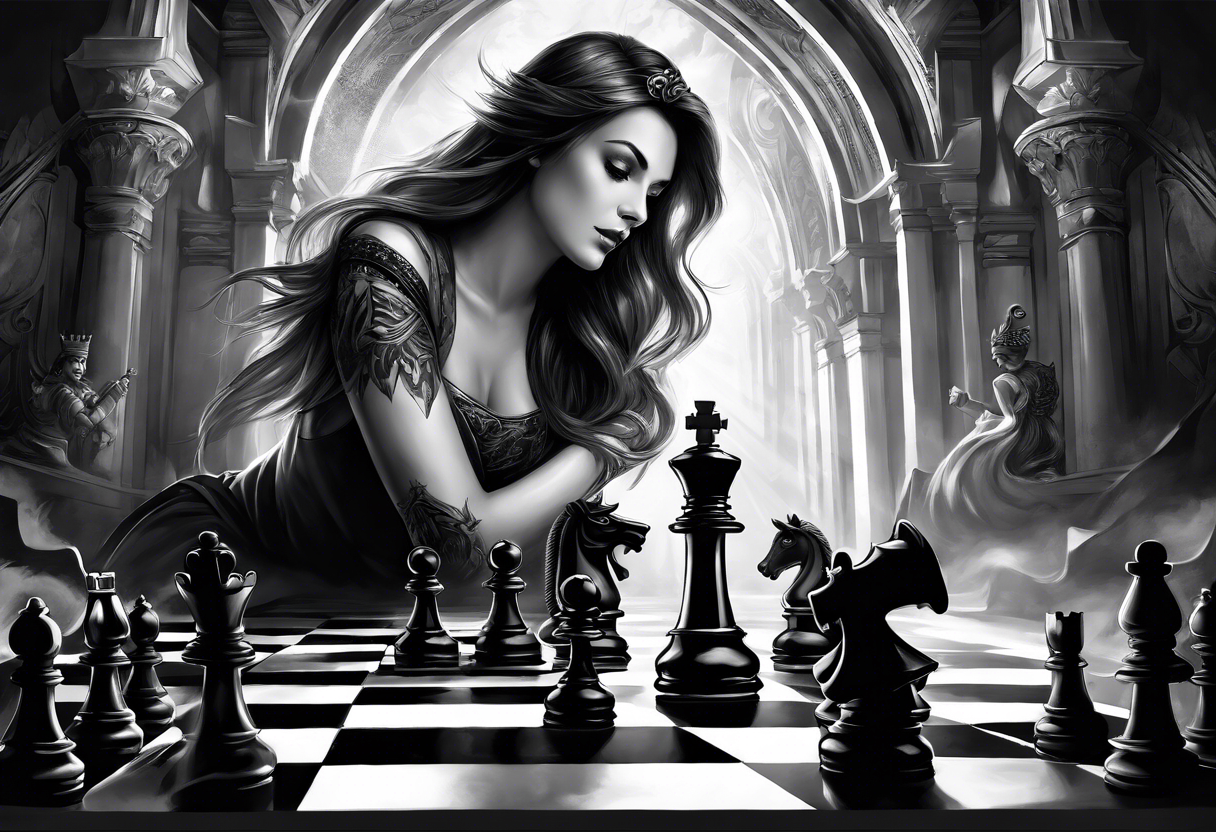 Capture the intense moment of checkmate in the game, with the angelic queen delivering the final move, signaling the triumph of good over evil in this strategic battle. tattoo idea