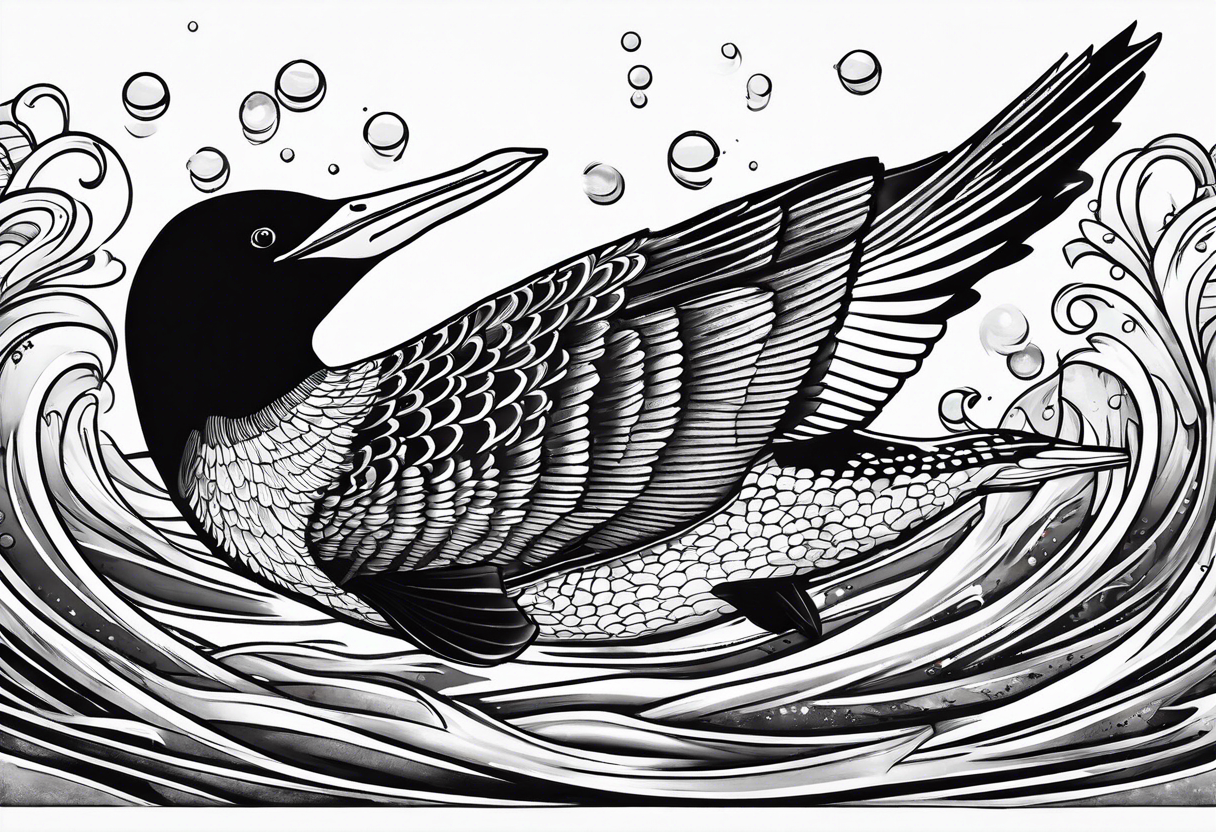 A loon diving with a fish in its mouth tattoo idea