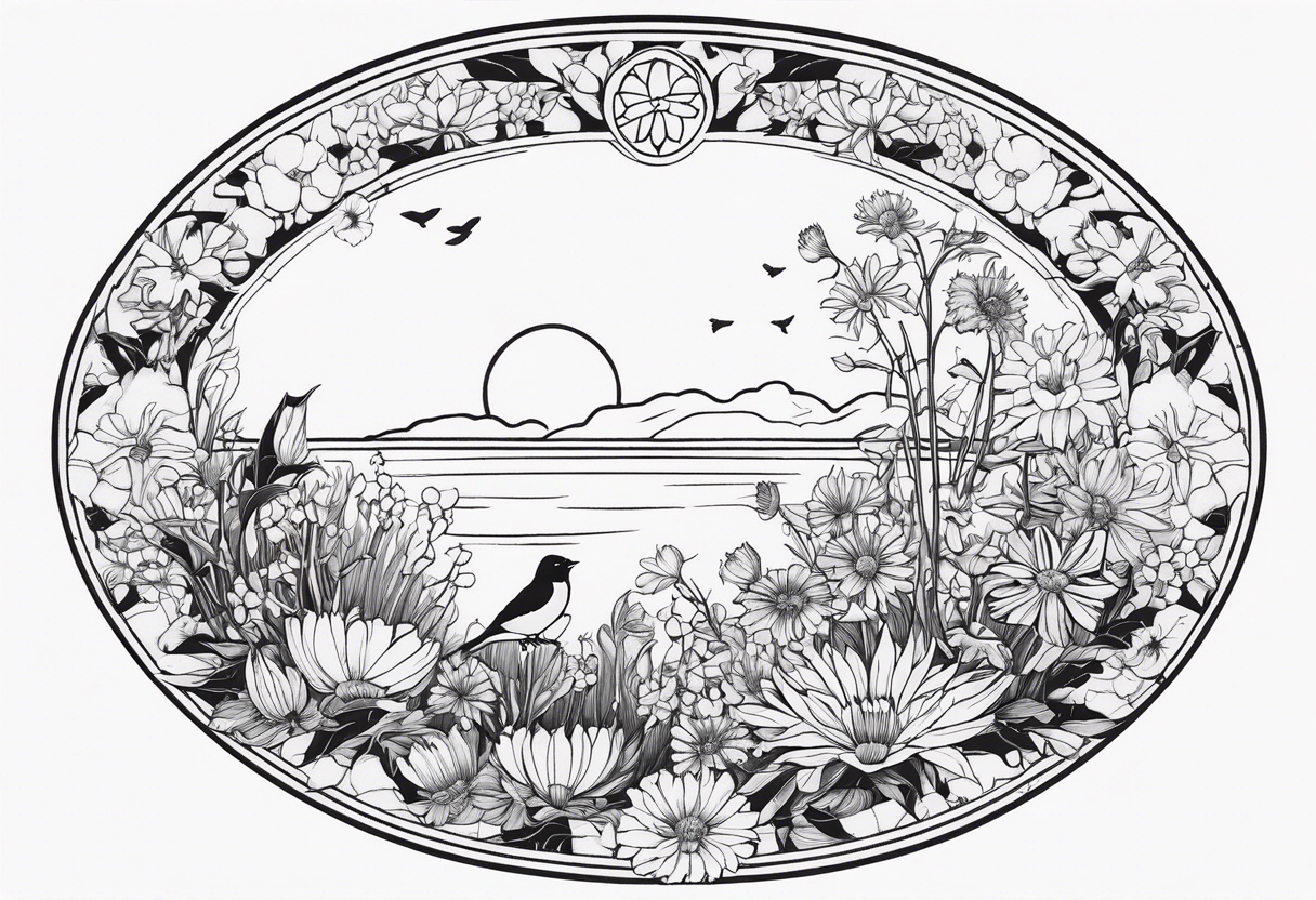 Oval shape with sea rocket and aster flowers with a small cardinal room in the center for a signature less ornate tattoo idea