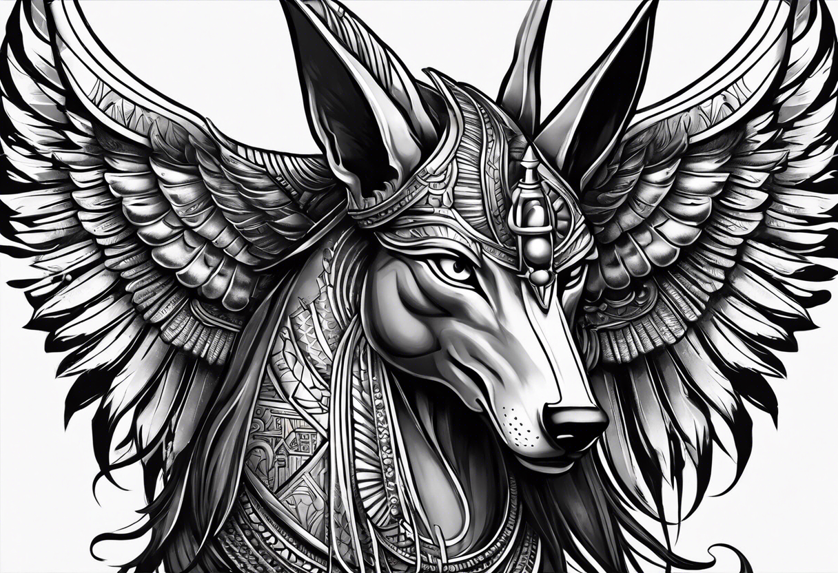 Egyptian style scary anubis god weighing the feather and the heart more realistic tattoo idea