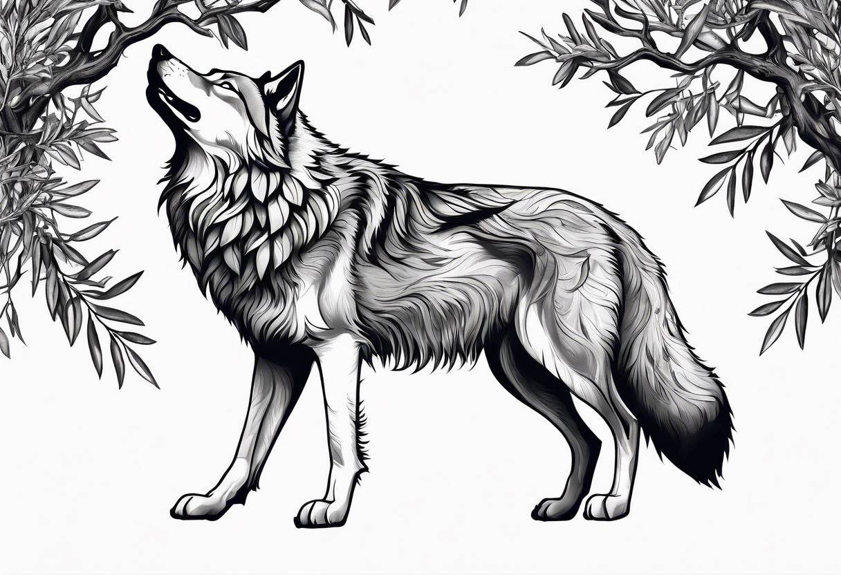 realistic howling wolf drawn with olive tree branches and leaves tattoo idea