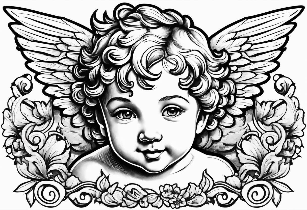 one putti with wings smiling vertical tattoo idea