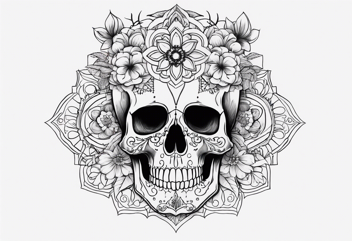 Draw me a realistic skull with black cigarette smoke out of his mouth add some flowers underneath with some mandalas at the bottom tattoo idea