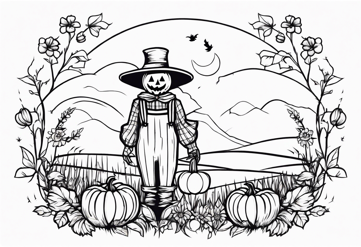 friendly scarecrow with pumpkins and flowers tattoo idea