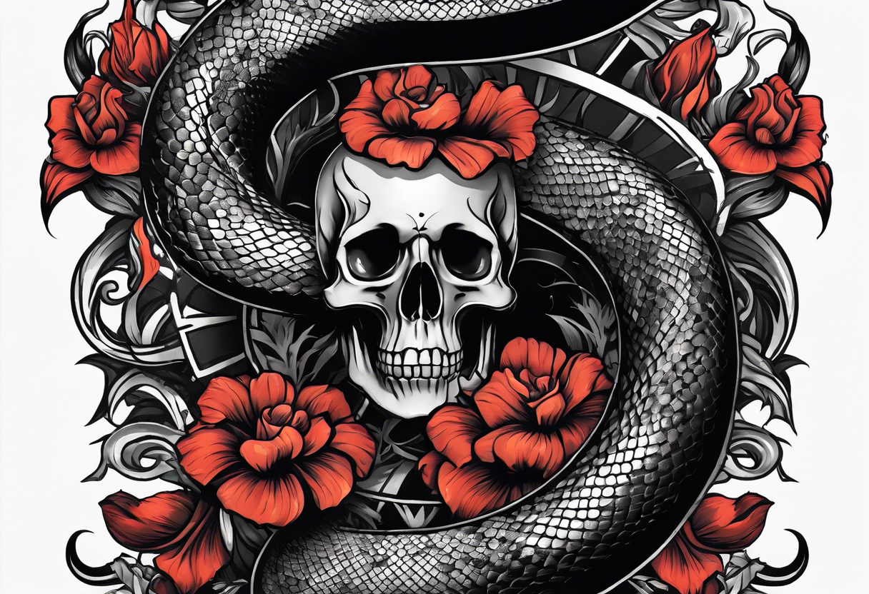 snake sleeve tattoo with skull, snake as focal point, with the word Hydra on it tattoo idea