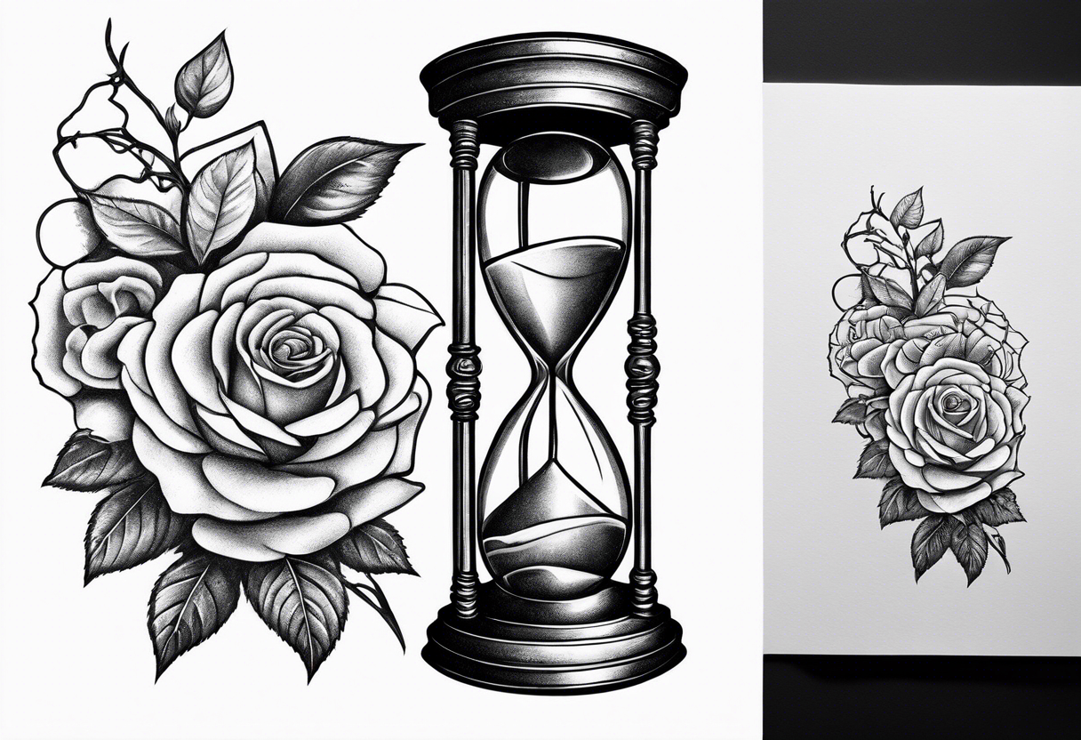 Rose beside hourglass with cherry tree inside tattoo idea