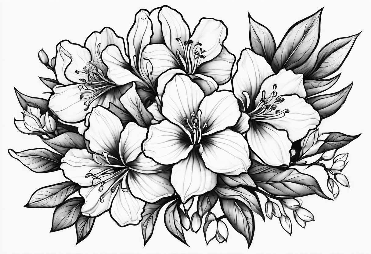 Azaleas with 5 petals, buds, leaves; curved design tattoo idea