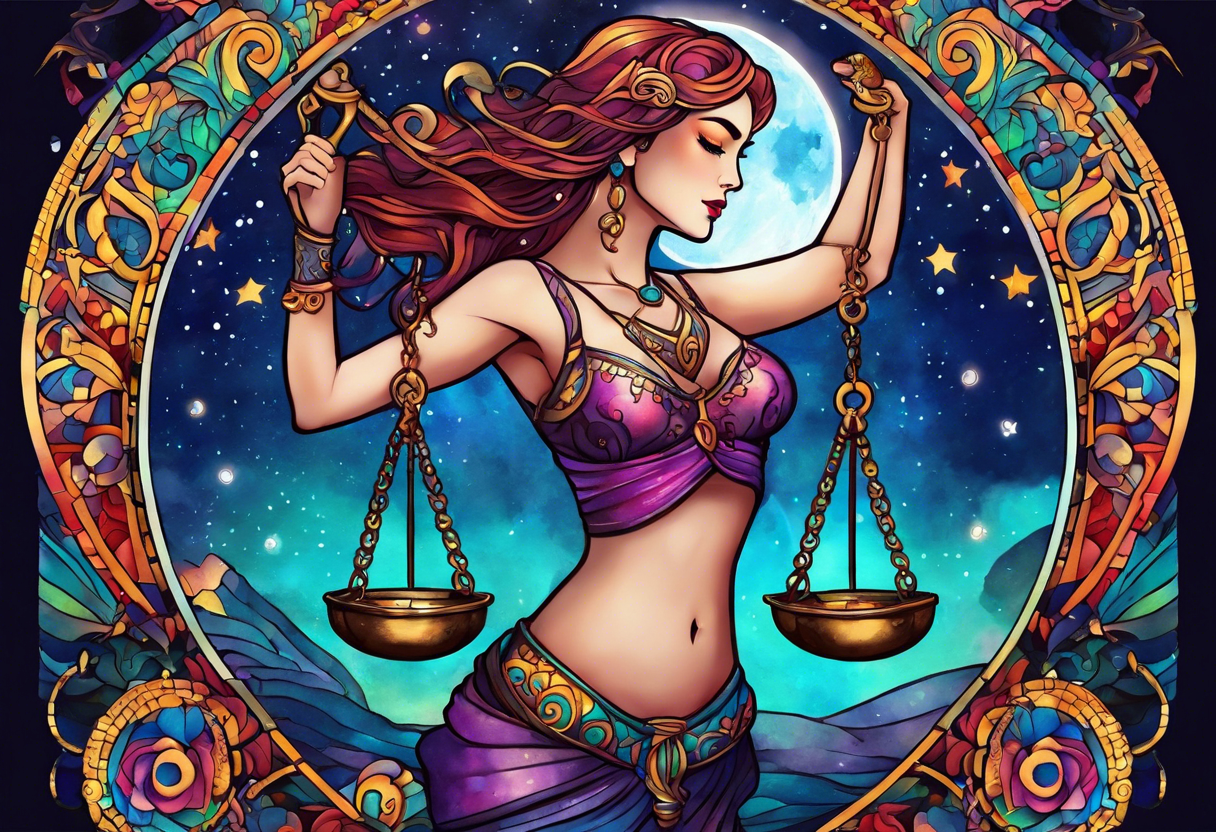 Libra woman holding scales with a night zodiac background including a half moon that encircles half of the woman with vibrant colors tattoo idea