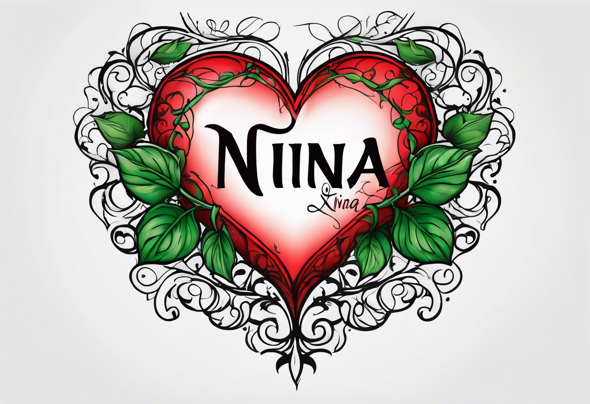 a red heart with a black outline with a green vine wrapped arround and the name nina in the middle tattoo idea