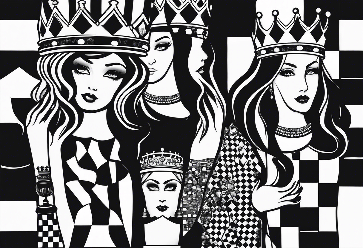 narrow rectangle strip made of chess queens and pawns holding hands tattoo idea