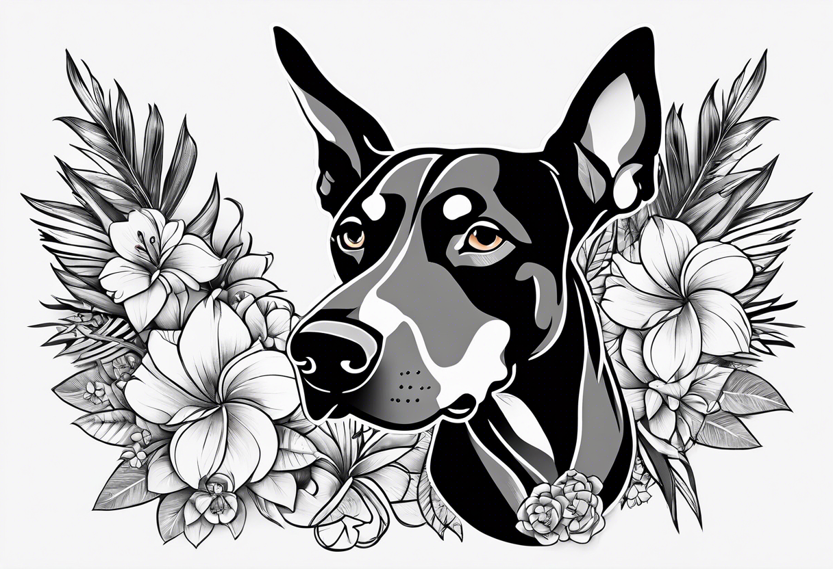 tropical and floral tattoo with doberman intertwined tattoo idea