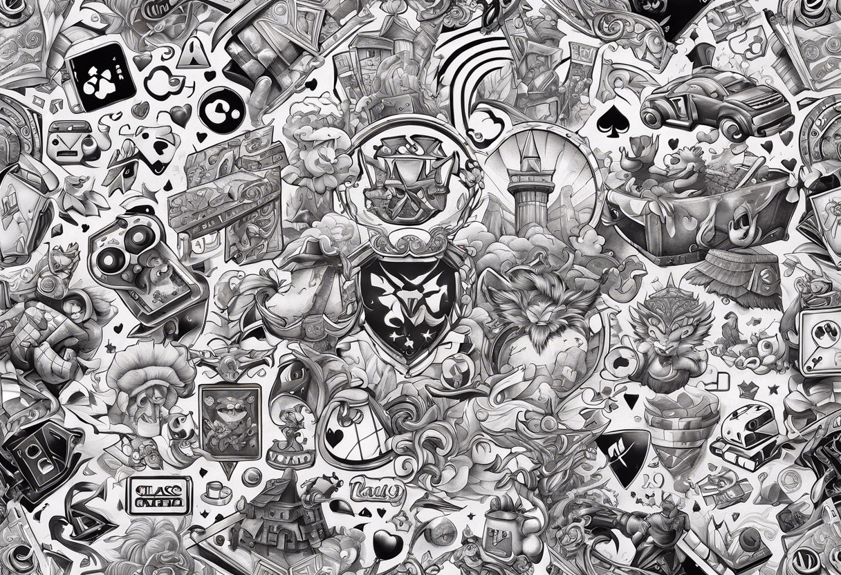 a stylized collage of iconic gaming symbols, characters, and items from various beloved games tattoo idea