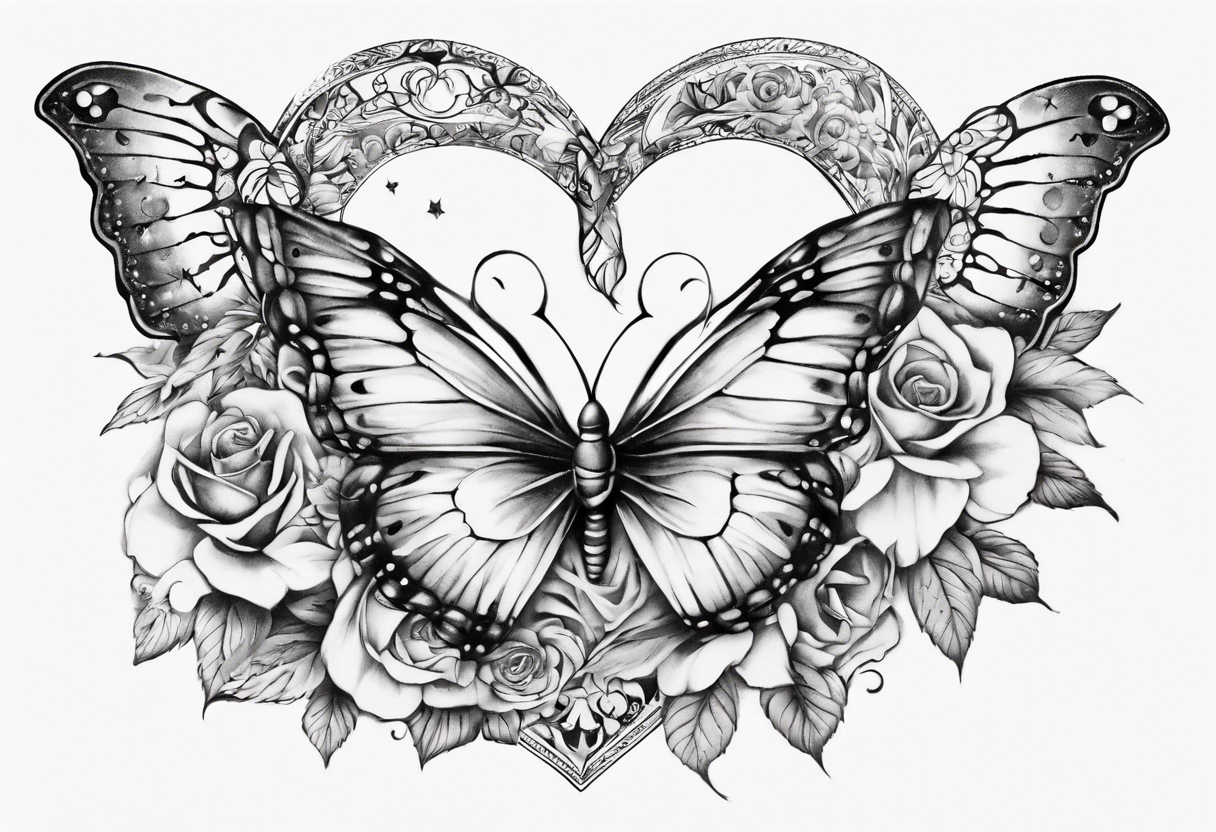 Butterfly wrap tattoos with large centre piece with moon and floral theme and heart. Bracelet around ankle show on higher ankle tattoo idea