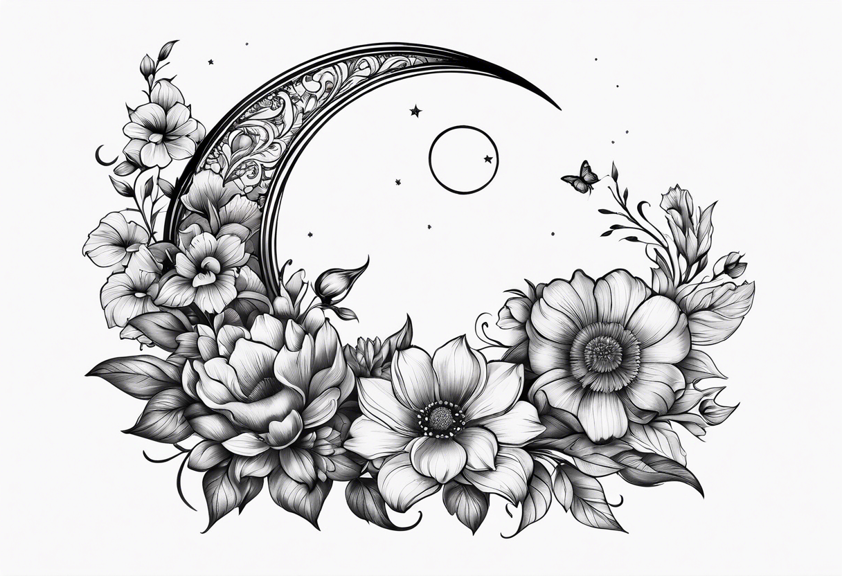 Crescent moon shrouded in pretty flowers tattoo idea