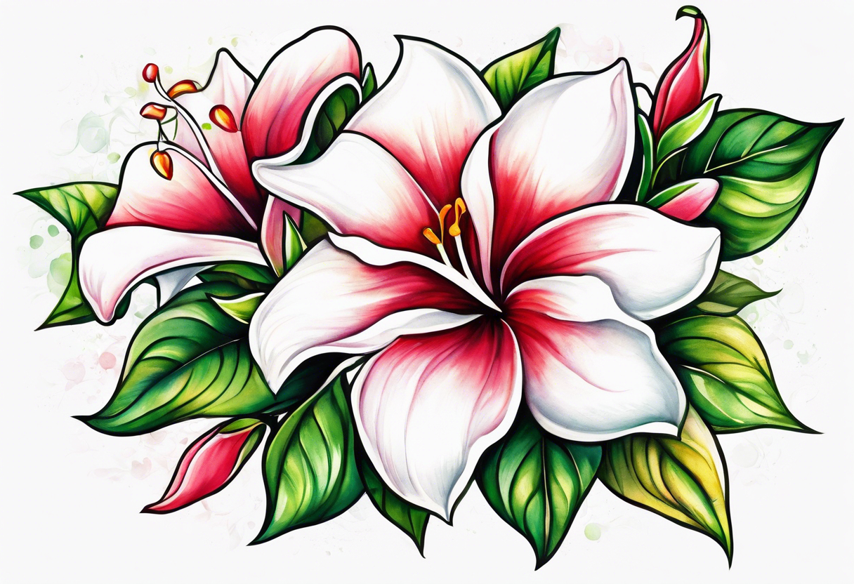 white background, abstract mandevilla flowers on a vine, not as much stamen tattoo idea