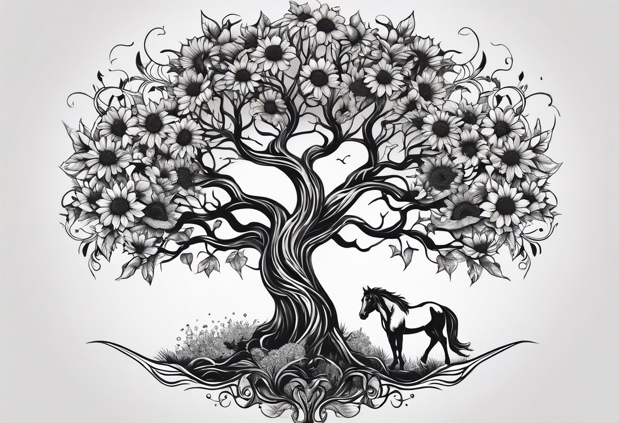 Yggdrasil tree, horse in front of it, and sunflowers tattoo idea