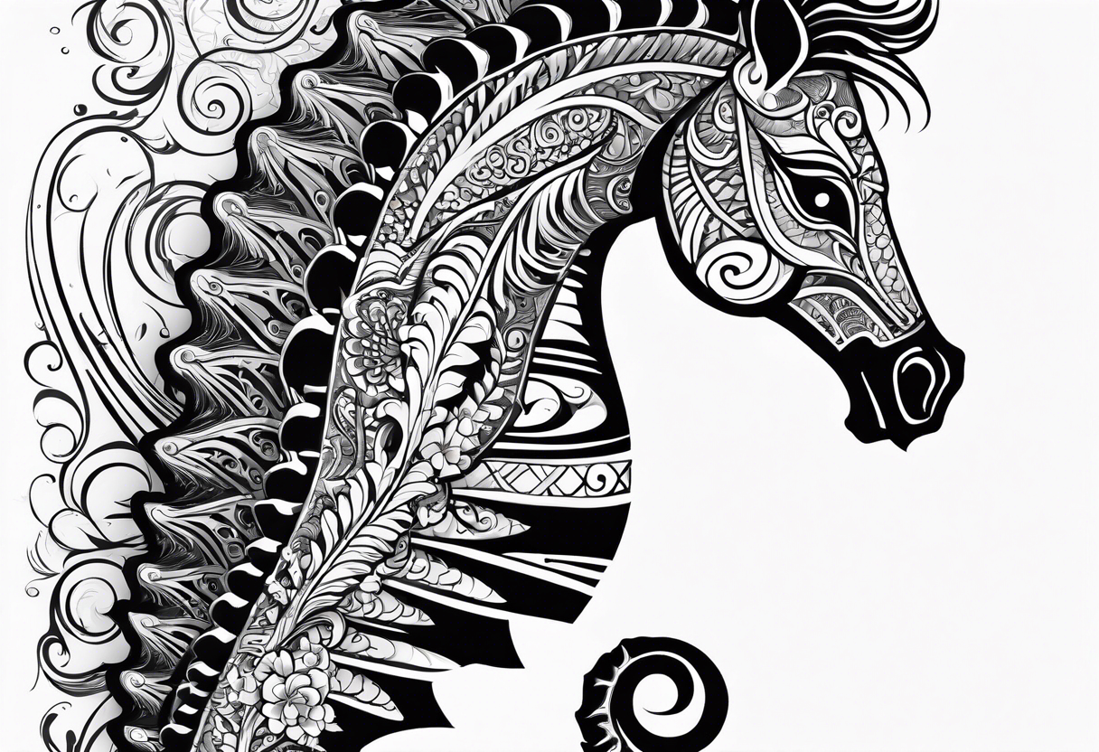 seahorse on white background, black and white, intricate Polynesian tattoo, for laser engraving tattoo idea