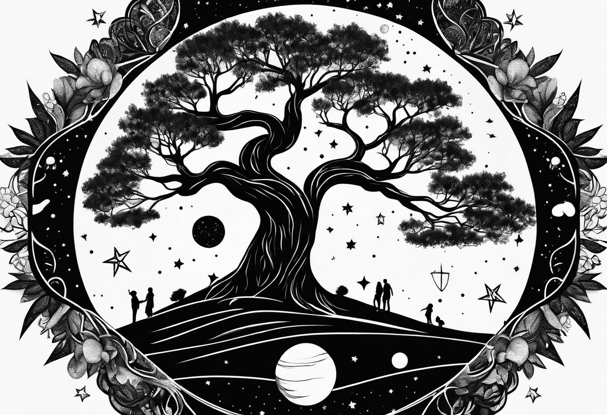 psychology theme, tree of life, milk way galaxy, planets tattoo idea