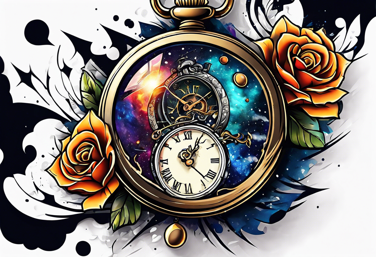 broken pocket watch galaxy shattered tattoo idea