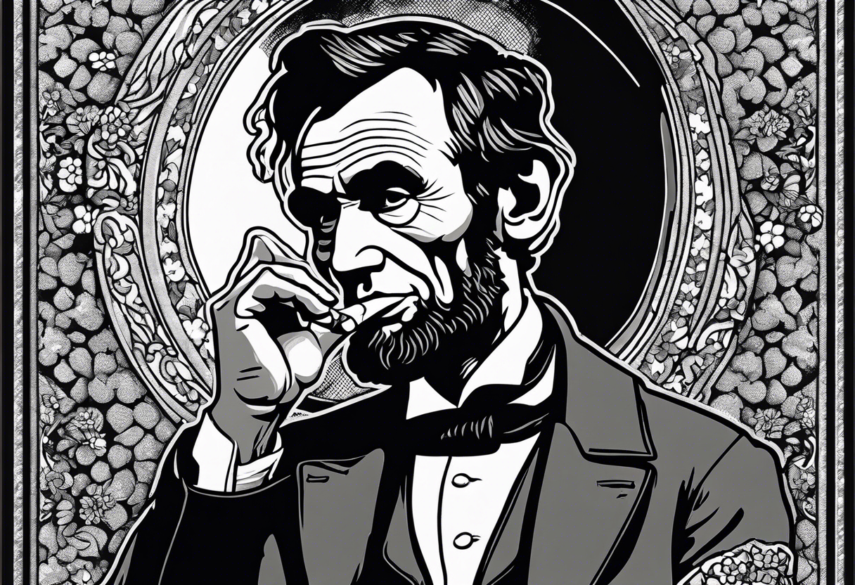 Abraham Lincoln smoking a cigar  in a flowered suit jacket doing karate poses like karate kid tattoo idea