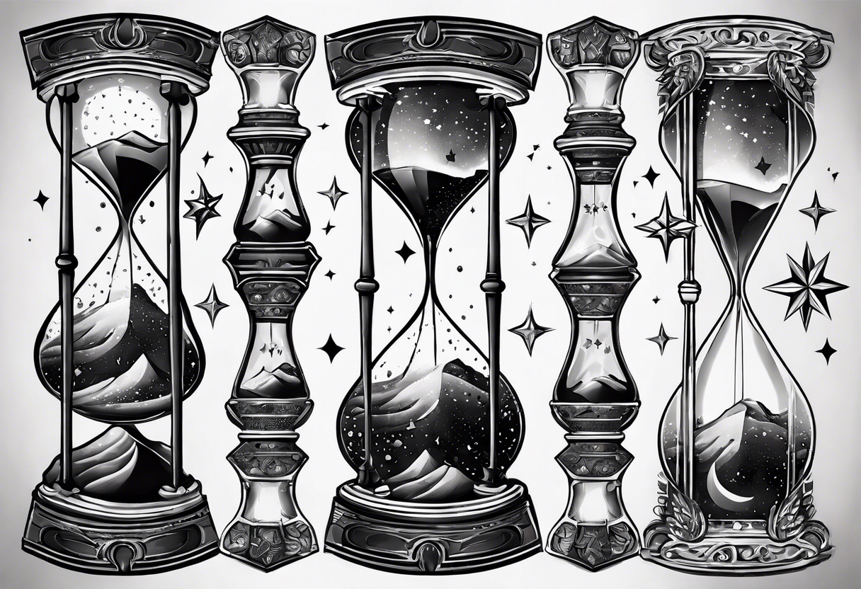 Hourglass with star stuff and cosmic dust exploding from the top and bottom of the hourglass. Long tattoo to fit on the forearm, mascuine tattoo idea