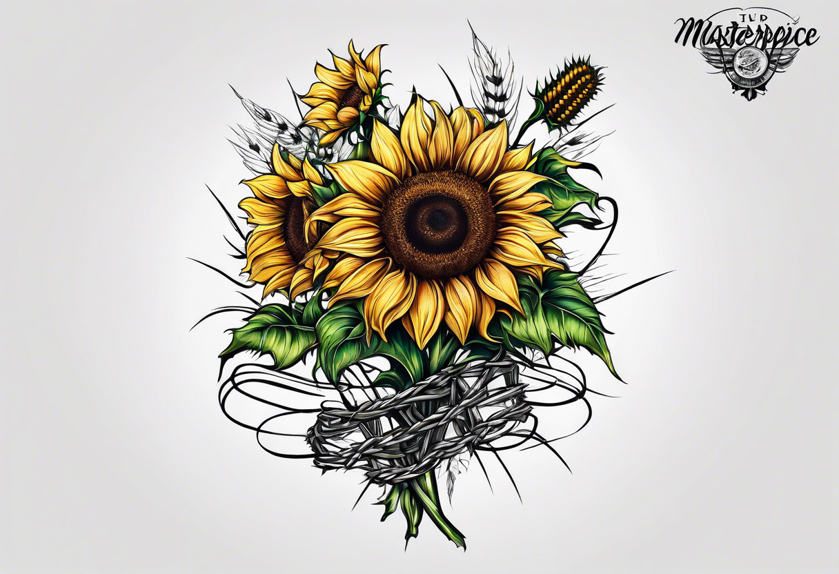 Sunflower, wheat, and barbed wire half sleeve tattoo idea