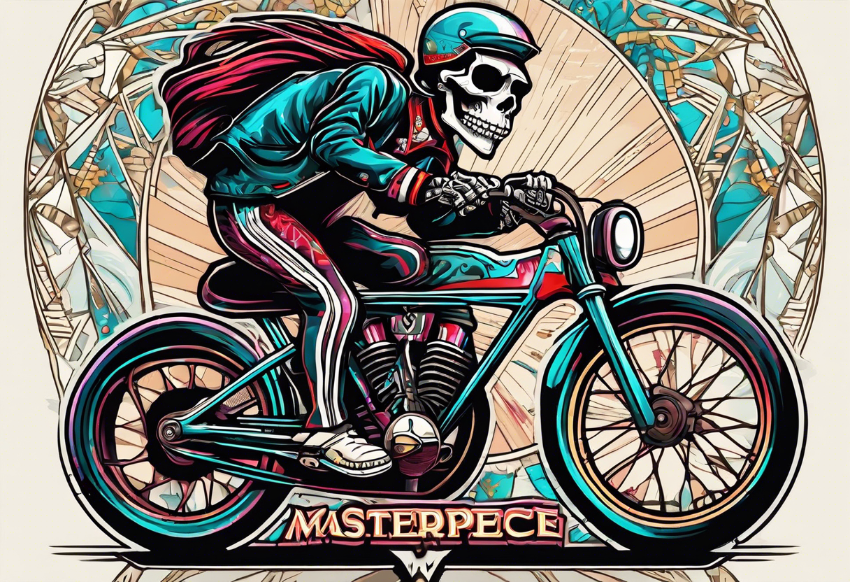 Skeleton rides a racing bicycle. It is wearing a 1980s style uniform. There is no background image tattoo idea