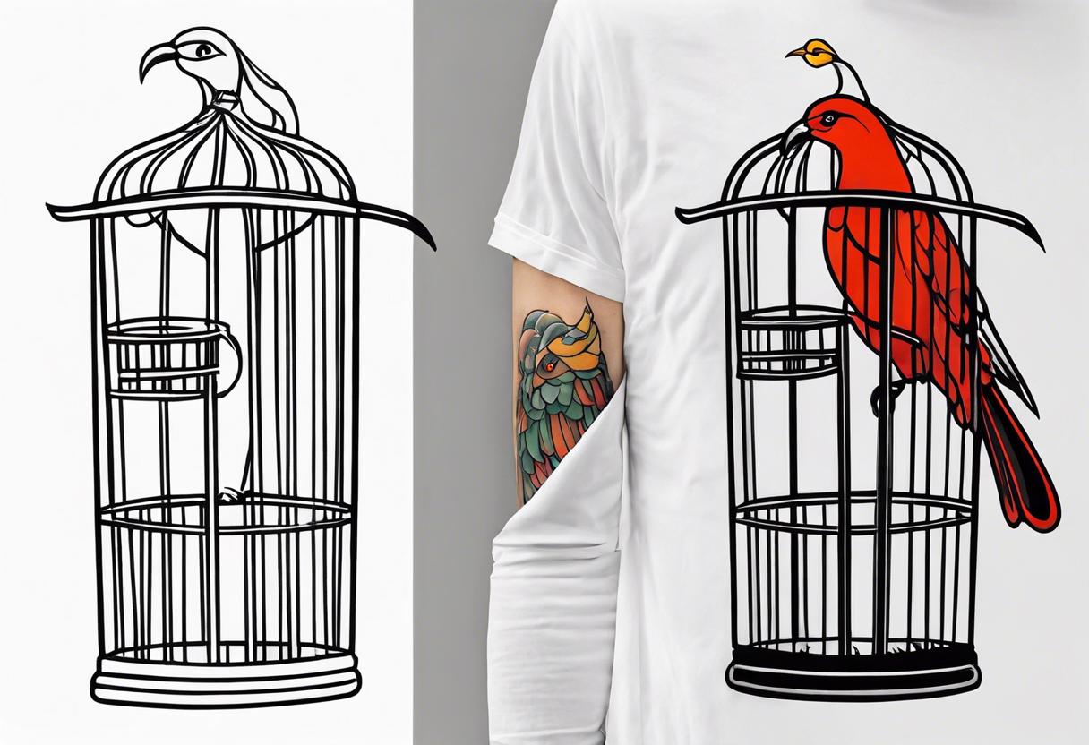 neo traditional decoration only on the left side, on the top of a long bird cage with a too big bird in it. tattoo idea