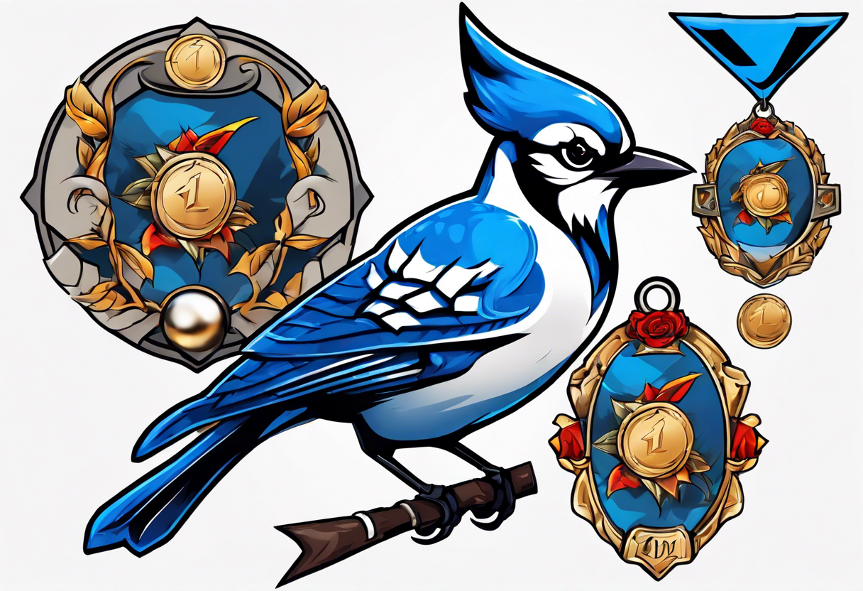 bluejay in a suit with a single medal tattoo idea