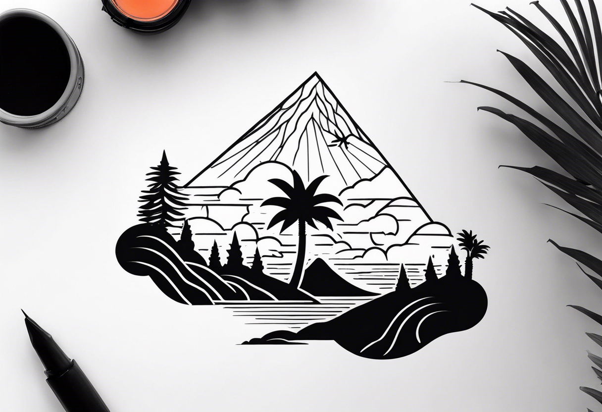 fineline black palmtree and volcano tattoo idea