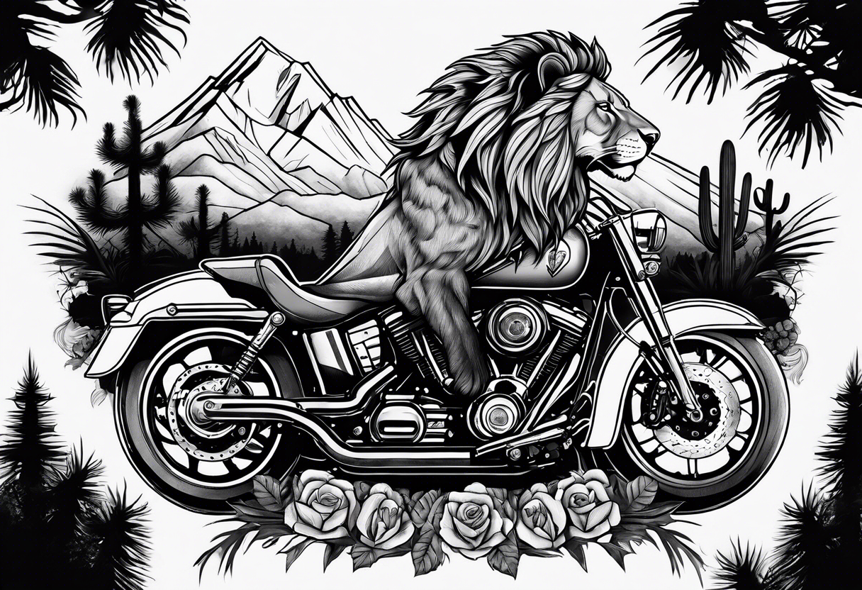 Full arm tattoo that insides:
Arizona flag 
Lion
Street glide Harley motorcycle 
Winding rode with cactus on one side and pine trees on the other 
Mountain 
Vanitas tattoo idea