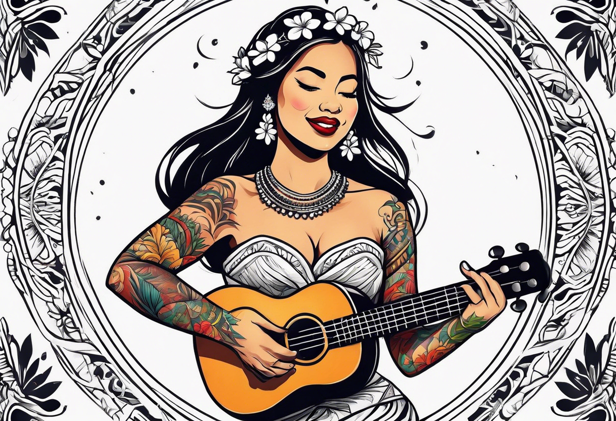 entire hula plynesian girl squating and dance with ukulele tattoo idea