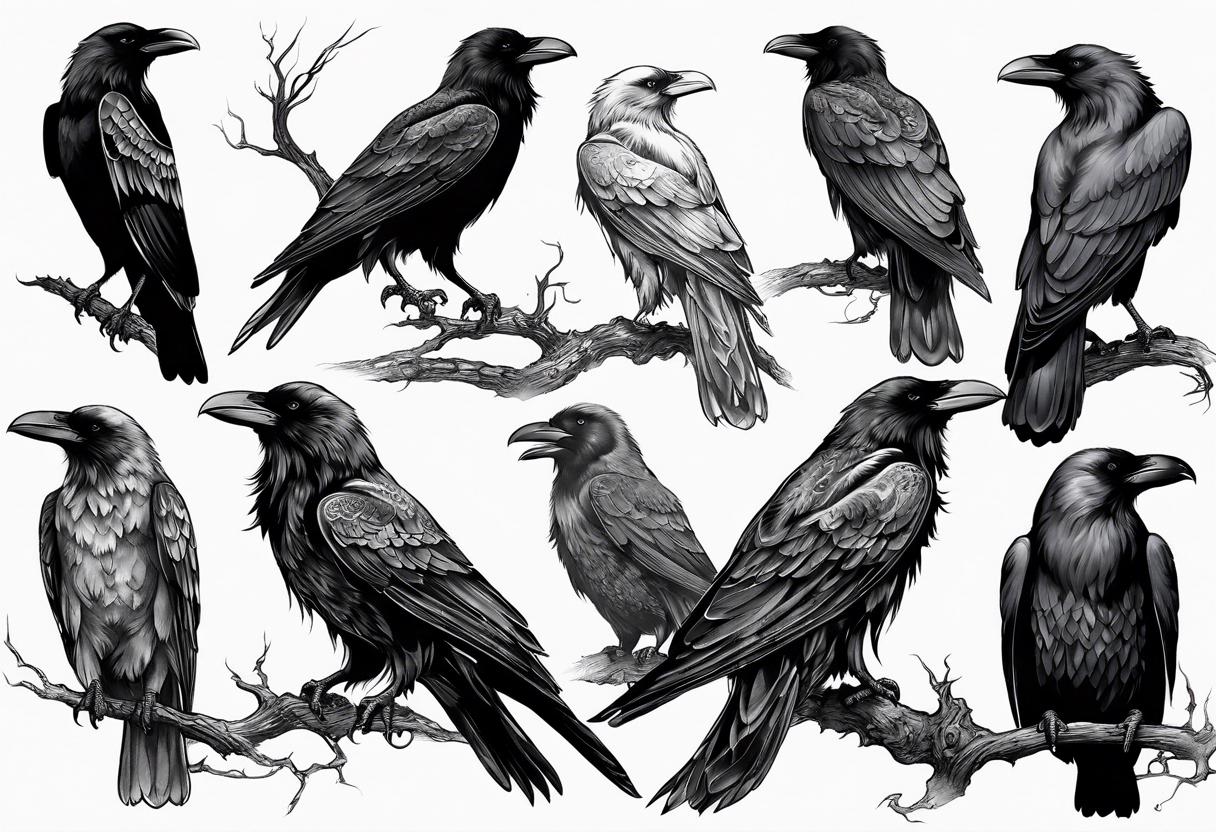 Generate a standing raven tattoo. With blank eyes, tongue out tattoo idea