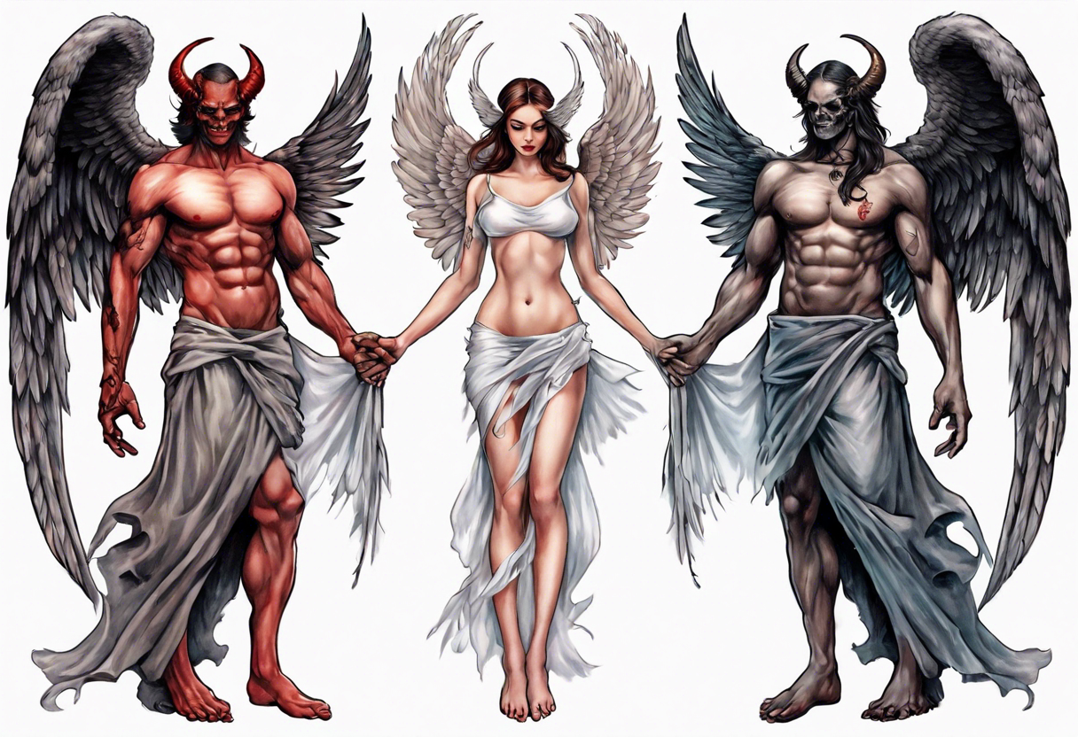 Demon holding an angel around her waist with her halo in his hands. He has angel wings, she has demon wings. tattoo idea