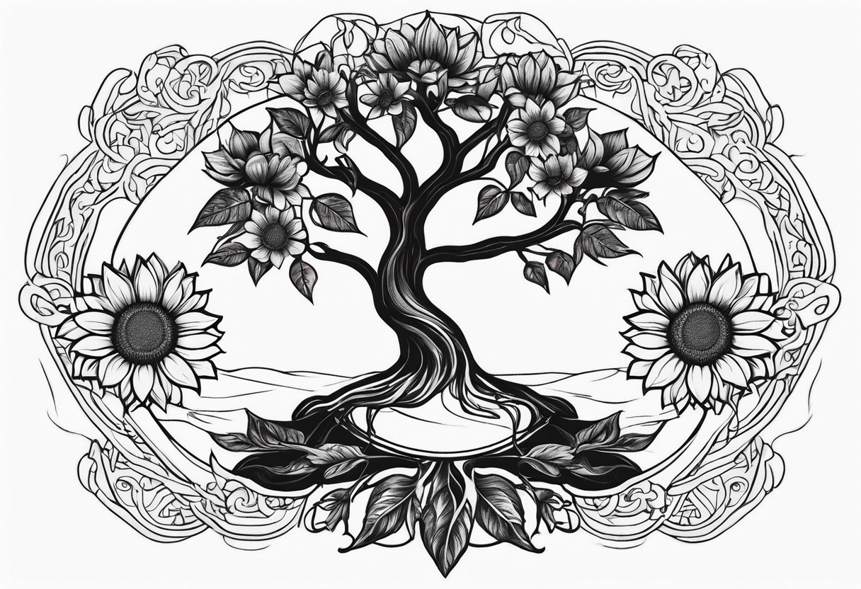 Feminine Yggdrasil tree with two sunflowers tattoo idea