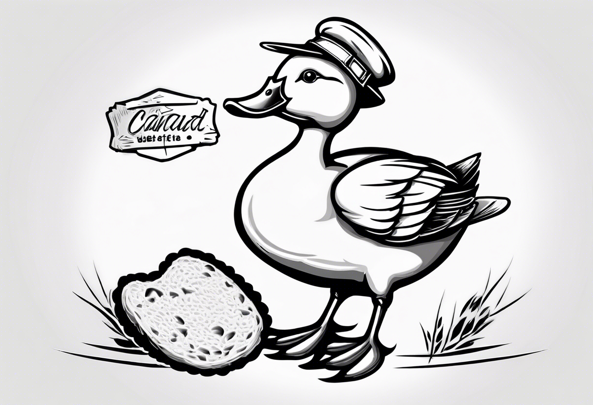 canard avec un béret et une baguette de pain sous l’aile tattoo idea