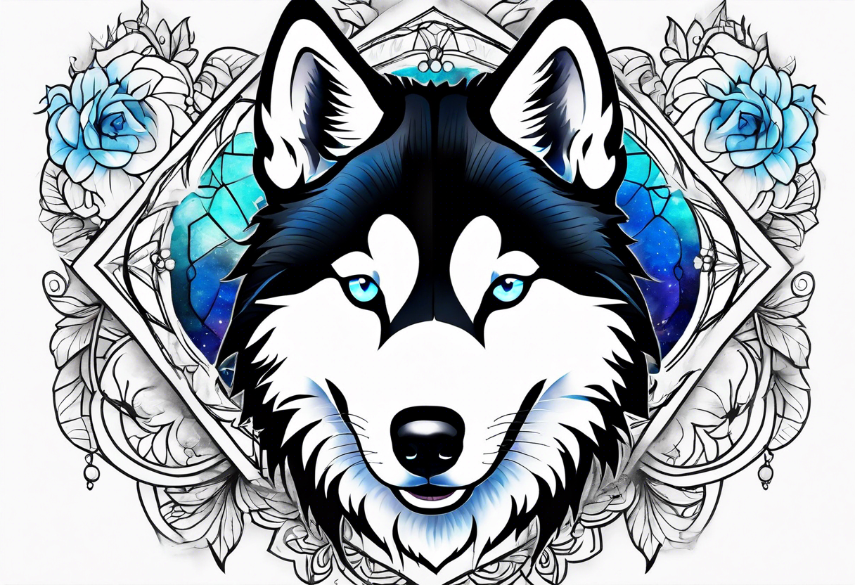 Thigh piece. A black and white Siberian husky with blue eyes. The face should be split in half with one half watercolor and one half geometric. tattoo idea