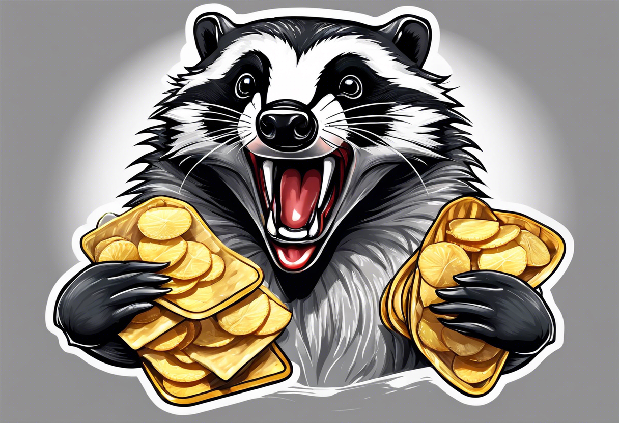 Angry badger with mouth open holding bag of chips tattoo idea