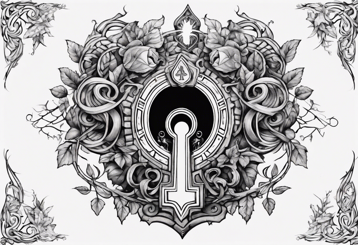 an intricate keyhole surrounded by elements like vines, and Inside the keyhole, incorporate personal symbols or imagery that hold significance to the individual. tattoo idea