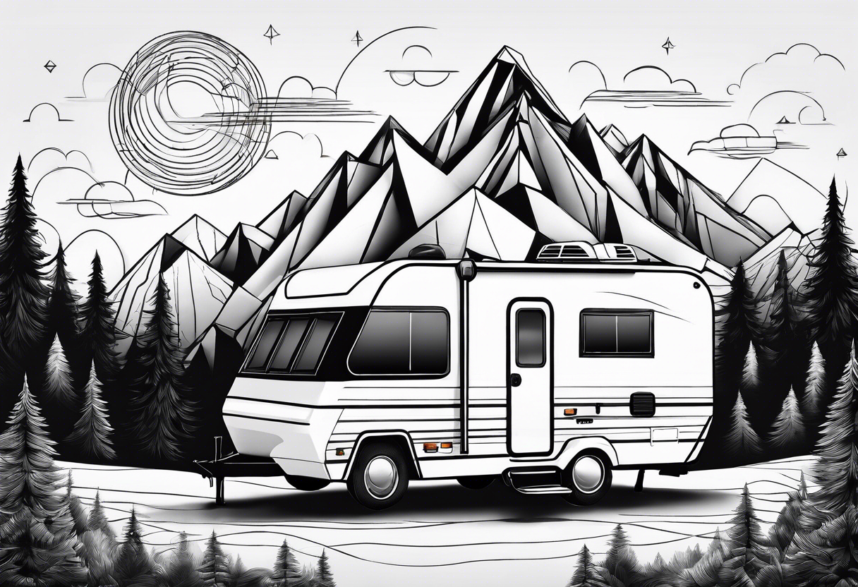 geometric mountains with an rv trailer 
and trees tattoo idea