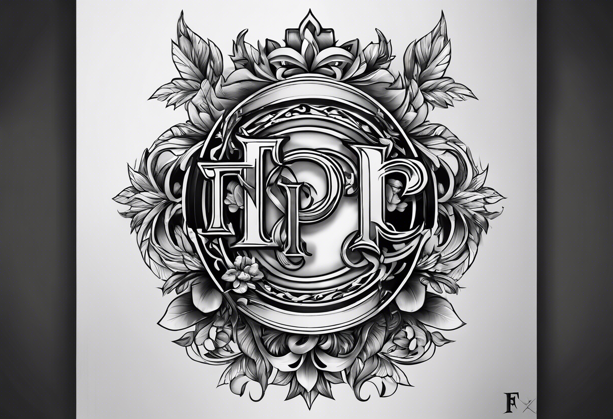 A backwards capital F next to a capital P with design elements around it. The left side should have elements of fire. The right side should have something that is fireproof or the opposite of fire. tattoo idea