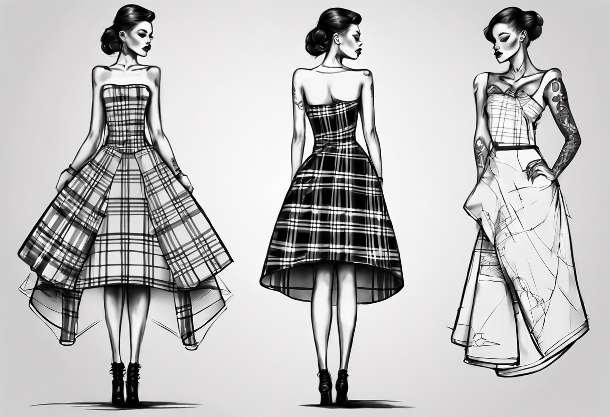 sketch of a tartan dress tilted to the left
 on a tailor's model tattoo idea