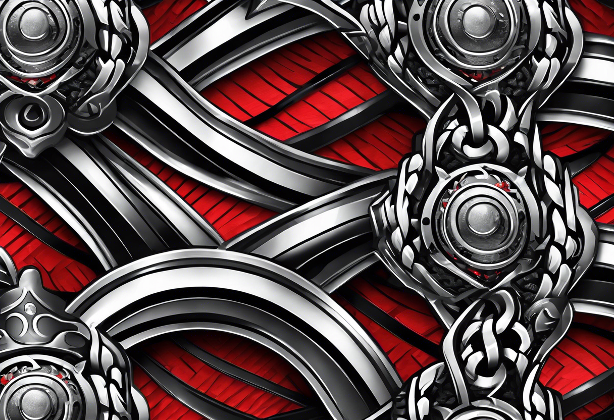 Full Arm sleeve, black, gray, silver, red, subtle motorcycle chain, include references to wrestling tattoo idea