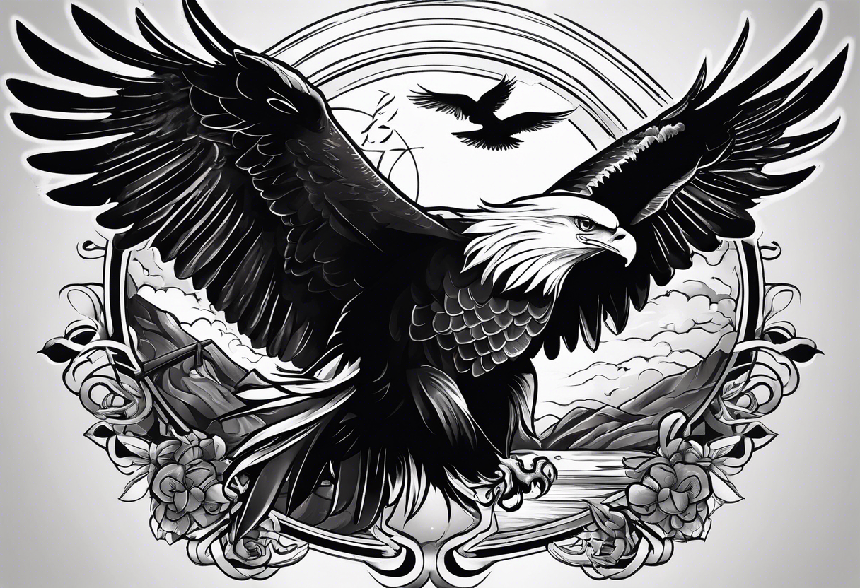 idea of pain for glory in life, discipline and catholic religion. Tattoo on the back with an eagle , 2 pigeon and fish tattoo idea