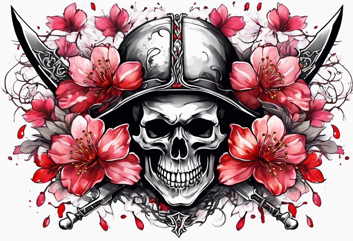 Bloody sword in a skull cherry blossom growing tattoo idea