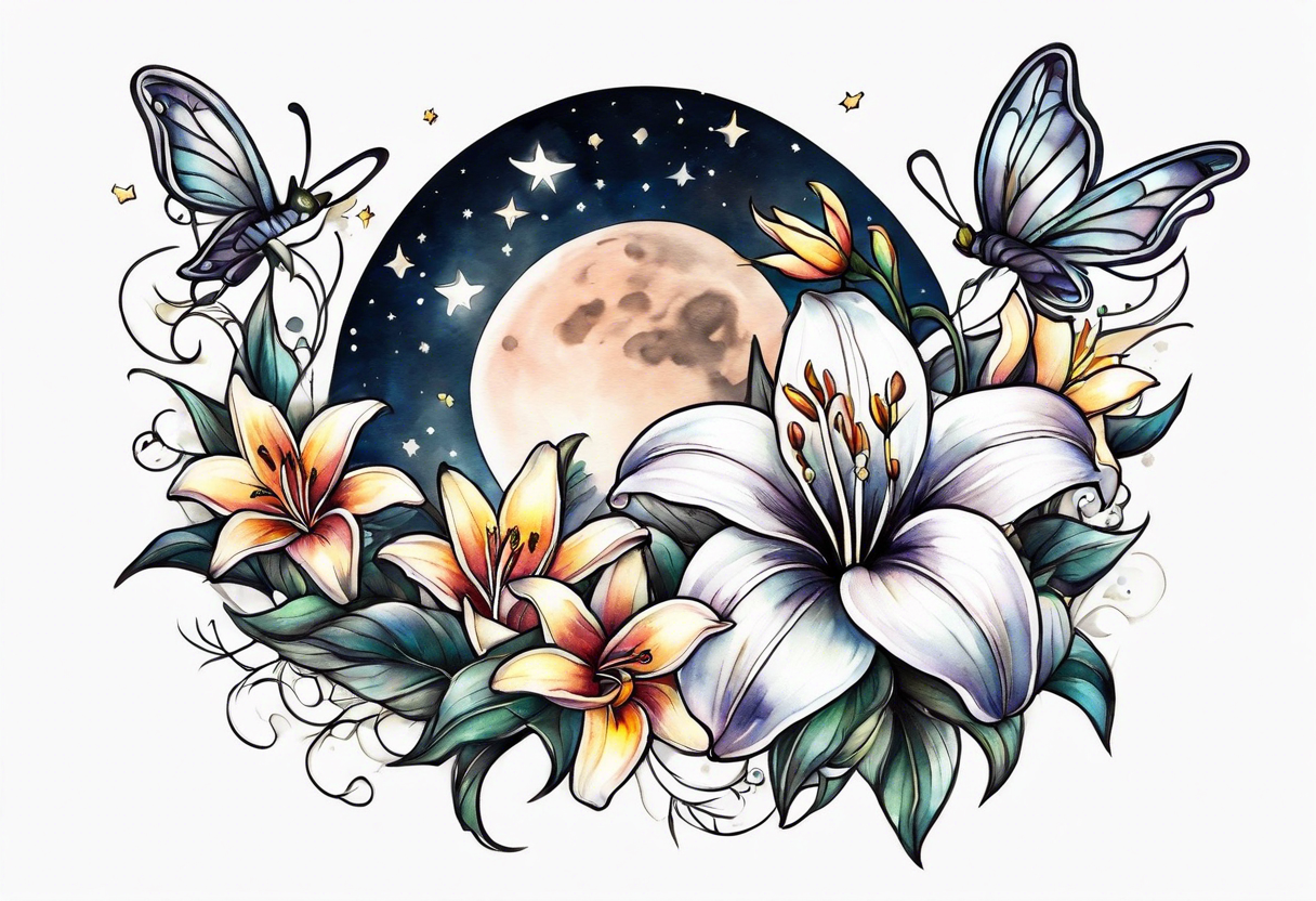 Small moon and stars with a moth and lily flowers tattoo idea